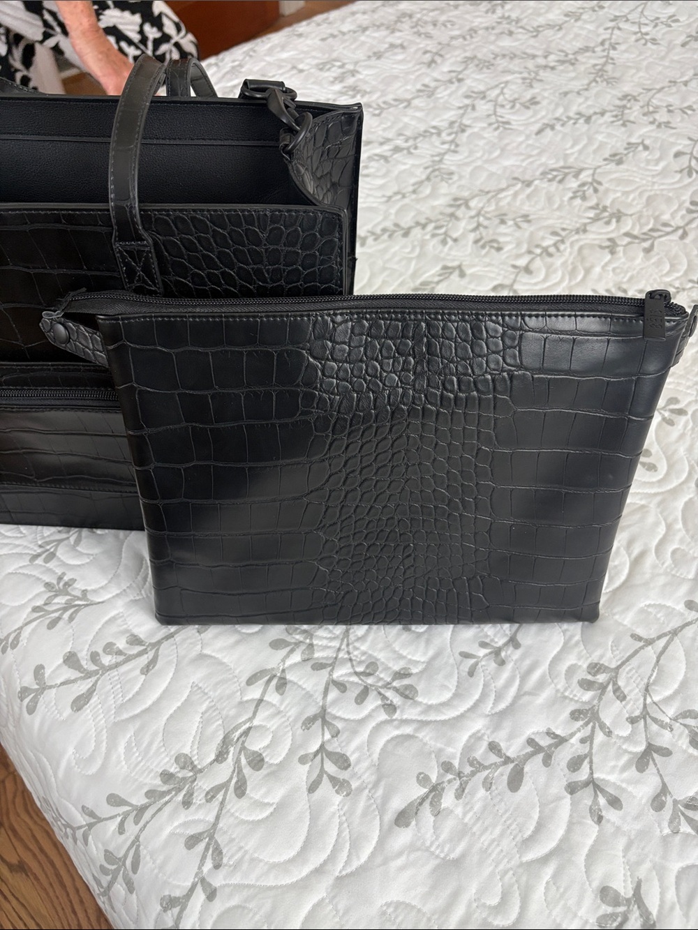 BEIS Black Croc-Embossed Tote with Padded Strap - Picture 3 of 10